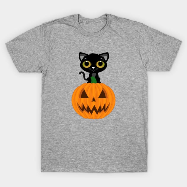 Black Kitten & Jack O Lantern T-Shirt by adamzworld